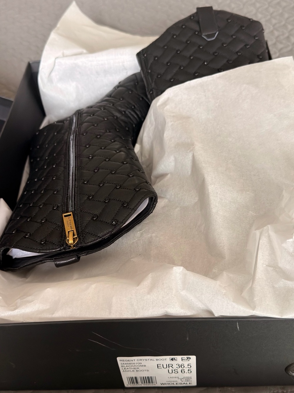 Kurt Geiger Full Leather Quilted Pointed Toe Booties with Gold Caps - Black - Picture 9 of 10